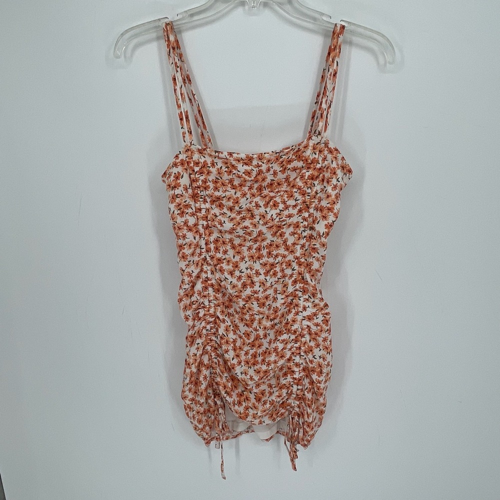 Garage Women's Cottagecore Orange Floral Ruched Camisole Summer Top Size S